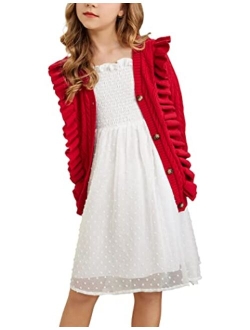 Girls Cardigan Sweaters Ruffle School Uniform Sweater V Neck Button Front Outerwear 4-13 Years