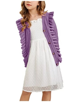 Girls Cardigan Sweaters Ruffle School Uniform Sweater V Neck Button Front Outerwear 4-13 Years