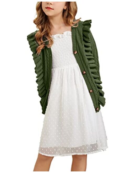 Arshiner Girls Cardigan Sweaters Ruffle School Uniform Sweater V Neck Button Front Outerwear 4-13 Years