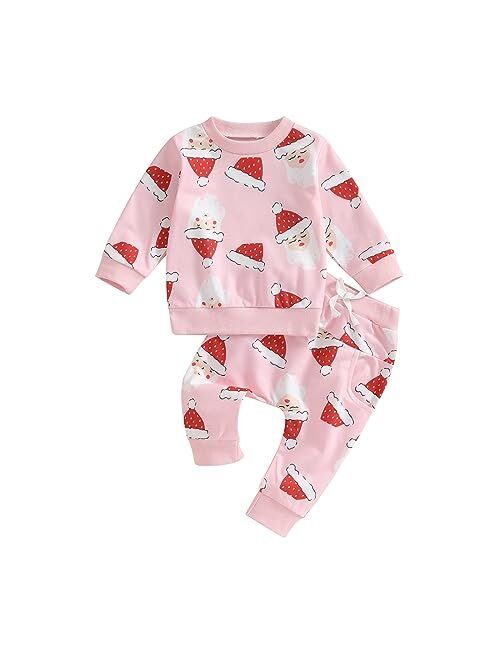 FIOMVA Toddler Baby Girl Christmas Outfit Fall Santa Sweatshirt Shirt Pants Set Cute Infant Matching Suit Clothes