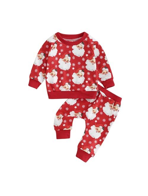 FIOMVA Toddler Baby Girl Christmas Outfit Fall Santa Sweatshirt Shirt Pants Set Cute Infant Matching Suit Clothes