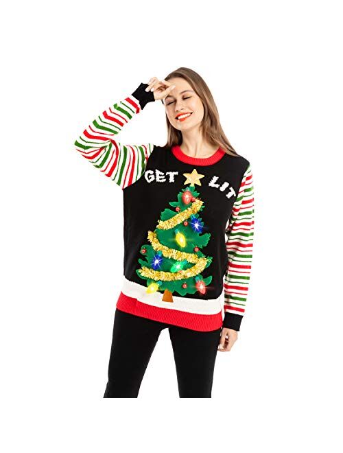 JOYIN Womens LED Light Up Get Lit Christmas Tree Ugly Christmas Sweater Built-in Light Bulbs