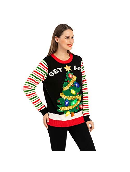 JOYIN Womens LED Light Up Get Lit Christmas Tree Ugly Christmas Sweater Built-in Light Bulbs