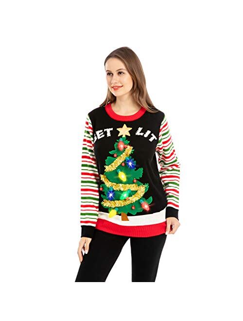 JOYIN Womens LED Light Up Get Lit Christmas Tree Ugly Christmas Sweater Built-in Light Bulbs