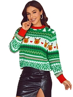 Miessial Women's Knitted Christmas Pattern Sweater Comfy Crewneck Long Sleeve Pullover Sweater