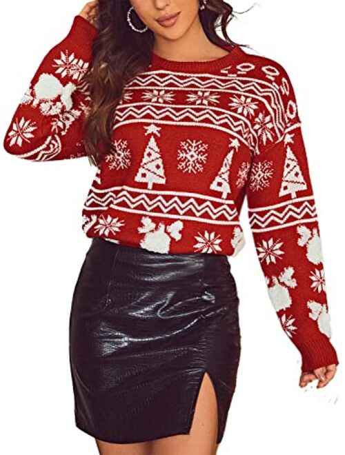 Miessial Women's Knitted Christmas Pattern Sweater Comfy Crewneck Long Sleeve Pullover Sweater