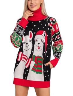 Goodstoworld Women's Turtleneck Oversized Ugly Christmas Sweaters Long Pullover Warm Cozy Sweater Dress Knit Tops with Pockets