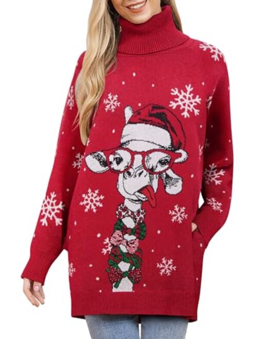 Goodstoworld Women's Turtleneck Oversized Ugly Christmas Sweaters Long Pullover Warm Cozy Sweater Dress Knit Tops with Pockets