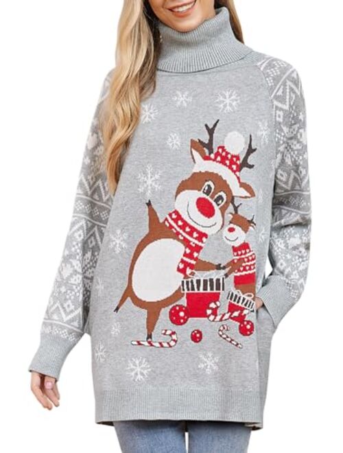 Goodstoworld Women's Turtleneck Oversized Ugly Christmas Sweaters Long Pullover Warm Cozy Sweater Dress Knit Tops with Pockets