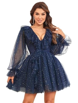 MeowAhwoo Homecoming Dresses Long Puffy Sleeves Short Mini A Line Prom Dresses Sparkle Starry V Neck Cocktail Dresses