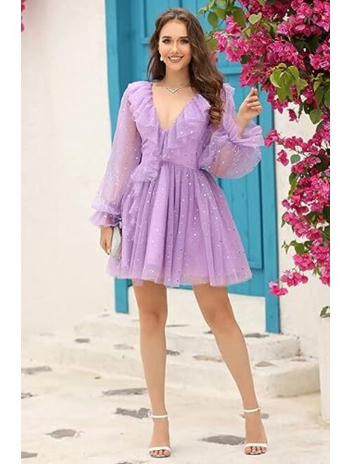 MeowAhwoo Homecoming Dresses Long Puffy Sleeves Short Mini A Line Prom Dresses Sparkle Starry V Neck Cocktail Dresses