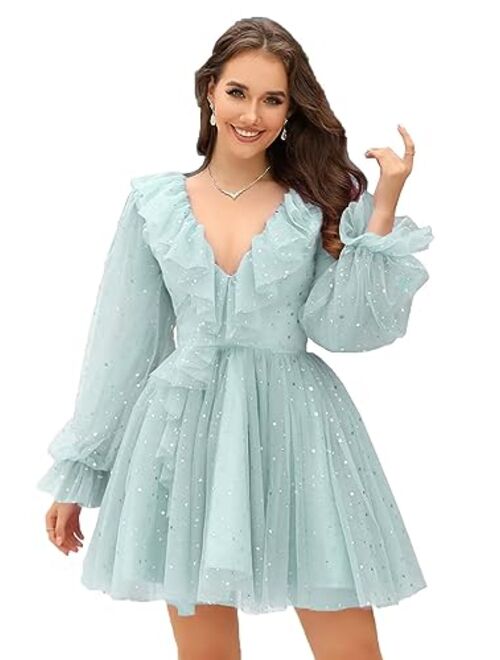 MeowAhwoo Homecoming Dresses Long Puffy Sleeves Short Mini A Line Prom Dresses Sparkle Starry V Neck Cocktail Dresses