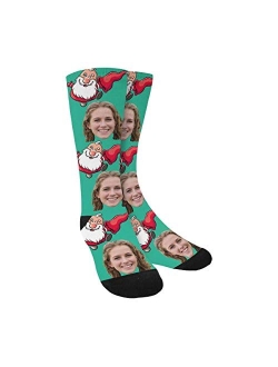 Interestprint Custom Your Face on Socks With Cute Santa Claus Print Novelty Crew Socks for Christmas Day