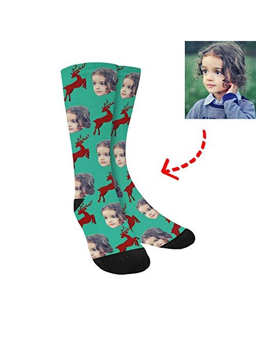 Interestprint Custom Your Face on Socks With Cute Santa Claus Print Novelty Crew Socks for Christmas Day