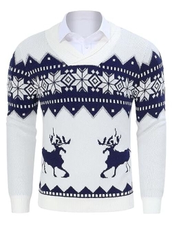 TURETRENDY Mens Ugly Christmas Sweaters Snowflakes Holiday Reindeer Printed Shawl Collar Knitted Long Sleeve Pullover Jumpers