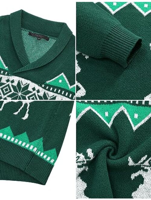 TURETRENDY Mens Ugly Christmas Sweaters Snowflakes Holiday Reindeer Printed Shawl Collar Knitted Long Sleeve Pullover Jumpers