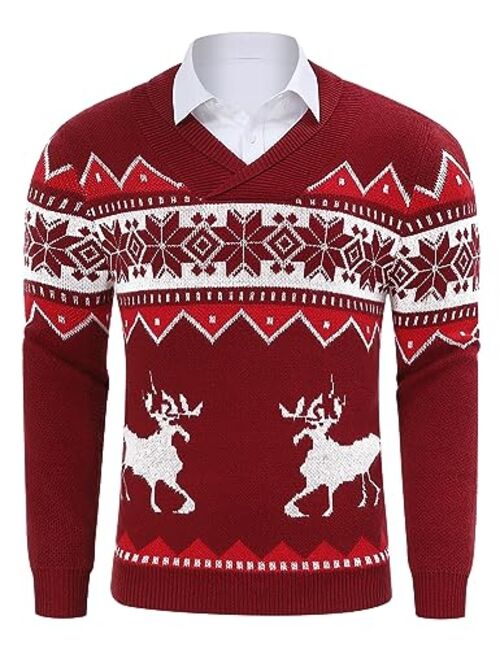 TURETRENDY Mens Ugly Christmas Sweaters Snowflakes Holiday Reindeer Printed Shawl Collar Knitted Long Sleeve Pullover Jumpers