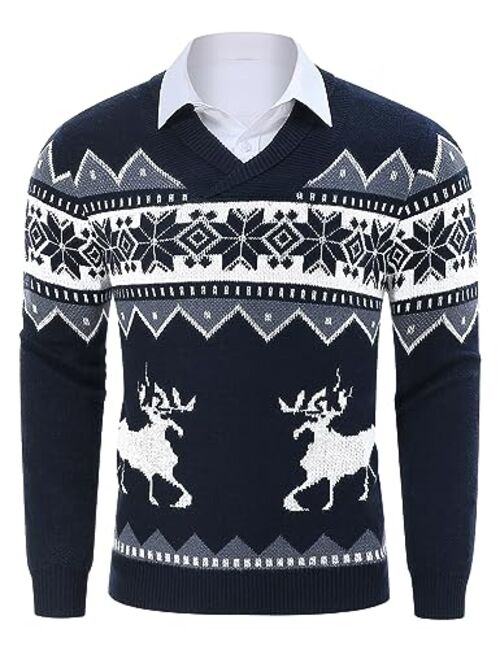 TURETRENDY Mens Ugly Christmas Sweaters Snowflakes Holiday Reindeer Printed Shawl Collar Knitted Long Sleeve Pullover Jumpers