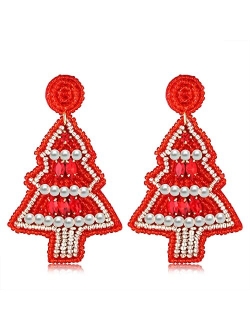 Jertocle Christmas Bead Dangle Earrings for Women Christmas Tree Beaded Earrings Bohemia Handmade Colorful Seed Bead Drop Earrings Christmas Gifts for Women Girls