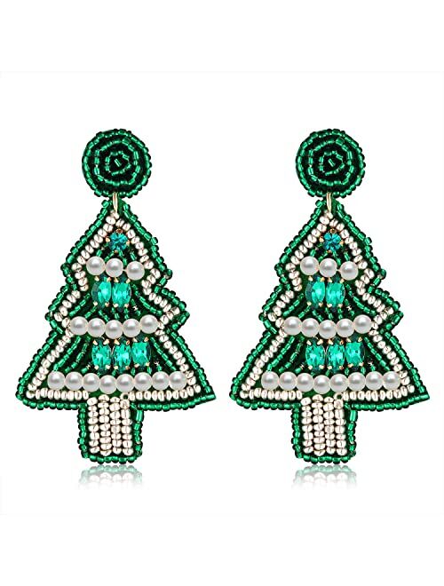 Jertocle Christmas Bead Dangle Earrings for Women Christmas Tree Beaded Earrings Bohemia Handmade Colorful Seed Bead Drop Earrings Christmas Gifts for Women Girls