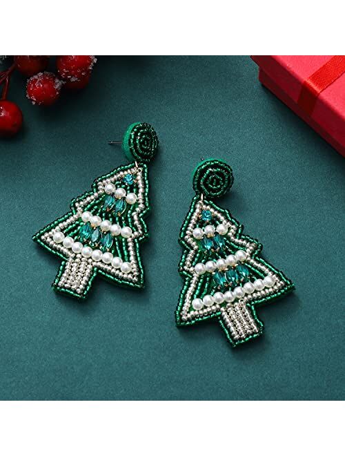 Jertocle Christmas Bead Dangle Earrings for Women Christmas Tree Beaded Earrings Bohemia Handmade Colorful Seed Bead Drop Earrings Christmas Gifts for Women Girls