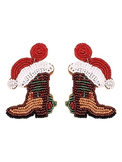 Dvacaman Christmas Earrings for Women Girls, Christmas Beaded Tree Santa Claus Xmas Snowman Elk Cowgirl Boot Earring for Festive Holiday Party Gift