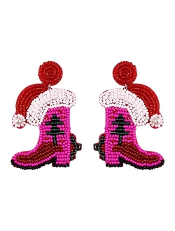 Dvacaman Christmas Earrings for Women Girls, Christmas Beaded Tree Santa Claus Xmas Snowman Elk Cowgirl Boot Earring for Festive Holiday Party Gift