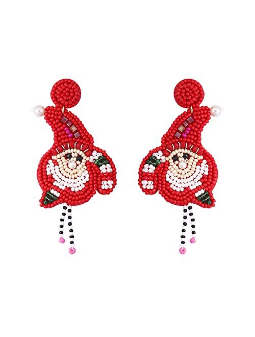 Dvacaman Christmas Earrings for Women Girls, Christmas Beaded Tree Santa Claus Xmas Snowman Elk Cowgirl Boot Earring for Festive Holiday Party Gift