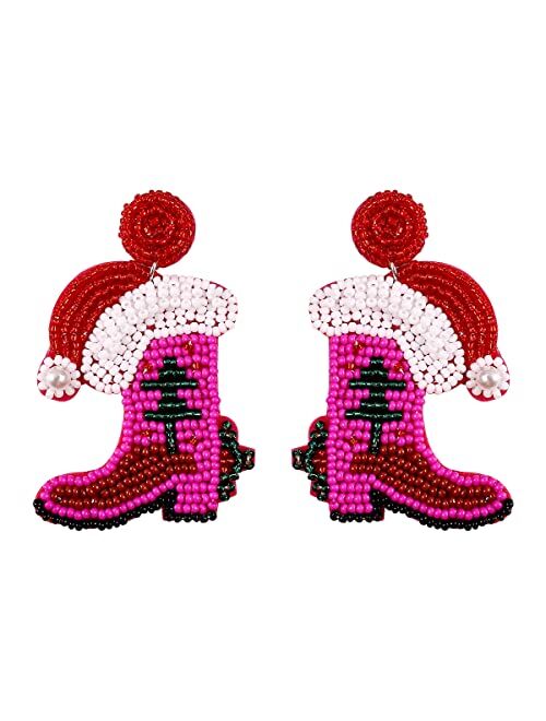 Dvacaman Christmas Earrings for Women Girls, Christmas Beaded Tree Santa Claus Xmas Snowman Elk Cowgirl Boot Earring for Festive Holiday Party Gift