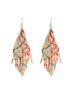 BEMDOFIG Christmas Tree Earrings For Woman Handmade Beaded Drop Earrings Holiday Christmas Jewelry Gift Long Beaded Tassel Earrings Bohemian Statement Chandelier Drop Ear