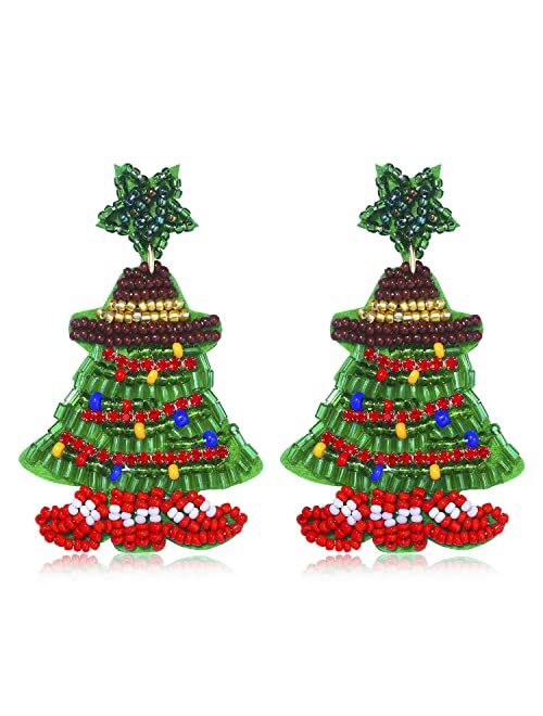 Hswe Christmas Beaded Earrings Statement Handmade Christmas Tree Santa Claus Beaded Drop Dangle Earrings Studs for Women Girls Thanksgiving Xmas Holiday Jewelry