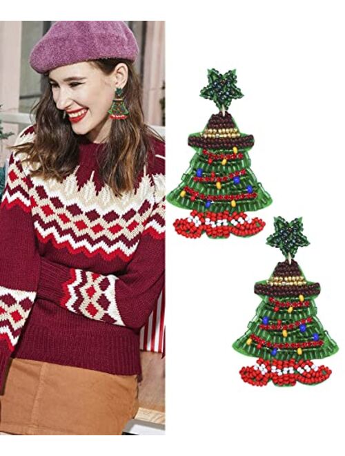 Hswe Christmas Beaded Earrings Statement Handmade Christmas Tree Santa Claus Beaded Drop Dangle Earrings Studs for Women Girls Thanksgiving Xmas Holiday Jewelry