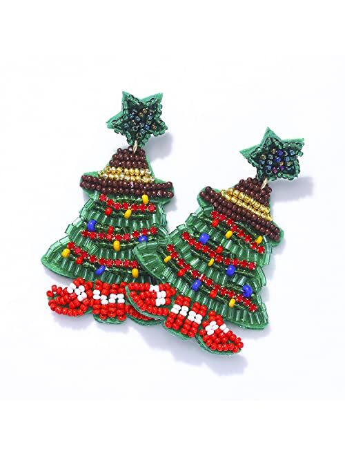 Hswe Christmas Beaded Earrings Statement Handmade Christmas Tree Santa Claus Beaded Drop Dangle Earrings Studs for Women Girls Thanksgiving Xmas Holiday Jewelry