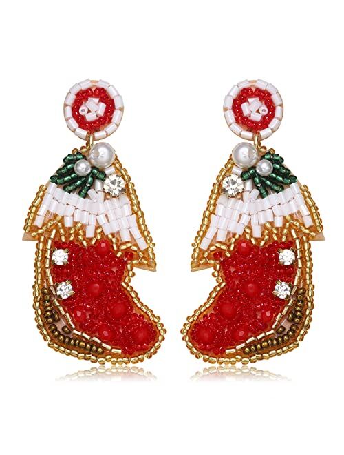 Lenoocle Christmas Earrings Beaded Holiday Earrings for Women Handmade Christmas Tree Dangling Earrings Cute Xmas Santa Stocking Drop Dangle Earrings Christmas Jewelry Gi