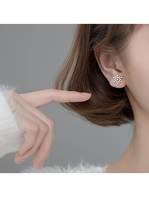 Reffeer Solid 925 Sterling Silver Snowflake Earrings Studs for Women Girls Winter Snow Stud Earrings Christmas