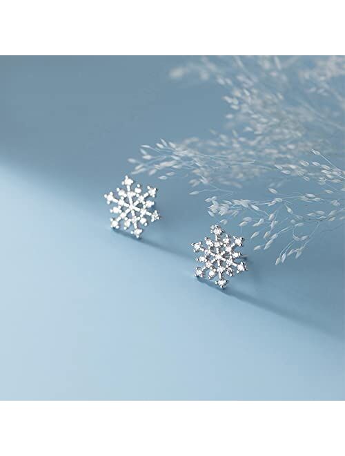 Reffeer Solid 925 Sterling Silver Snowflake Earrings Studs for Women Girls Winter Snow Stud Earrings Christmas