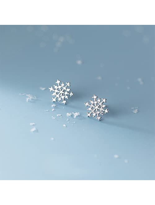 Reffeer Solid 925 Sterling Silver Snowflake Earrings Studs for Women Girls Winter Snow Stud Earrings Christmas