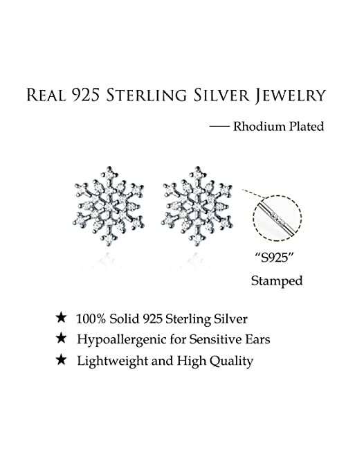 Reffeer Solid 925 Sterling Silver Snowflake Earrings Studs for Women Girls Winter Snow Stud Earrings Christmas