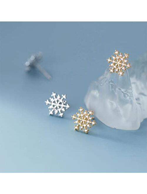 Reffeer Solid 925 Sterling Silver Snowflake Earrings Studs for Women Girls Winter Snow Stud Earrings Christmas