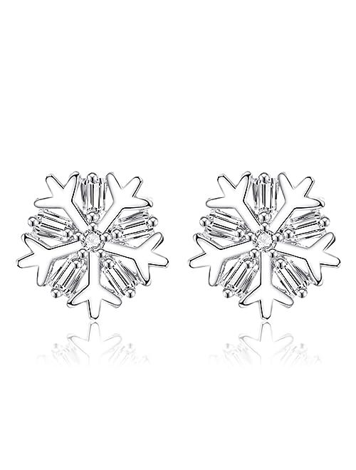 Huxicui 925 Sterling Silver Snowflake Earrings Studs for Women | Snowflake CZ Earring | Cubic Zirconia Snowflake Studs for Girls