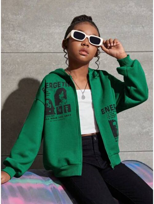 SHEIN Kids Cooltwn Tween Girl 1pc Figure & Letter Graphic Drop Shoulder Zip Up Hoodie