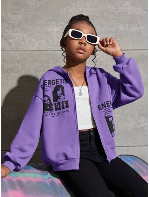 SHEIN Kids Cooltwn Tween Girl 1pc Figure & Letter Graphic Drop Shoulder Zip Up Hoodie