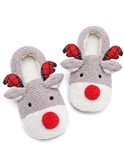 ASHION Women's Christmas Slippers Cute Fuzzy Reindeer House Slippers Stuffed Animal Bedroom Slippers Cozy Indoor Shoes