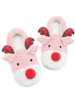 ASHION Women's Christmas Slippers Cute Fuzzy Reindeer House Slippers Stuffed Animal Bedroom Slippers Cozy Indoor Shoes