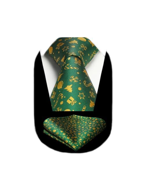 Hisdern Christmas Ties for Men Festival Necktie Boys Funny Vacation Xmas Tie Handkerchief & Pocket Square Set for Party