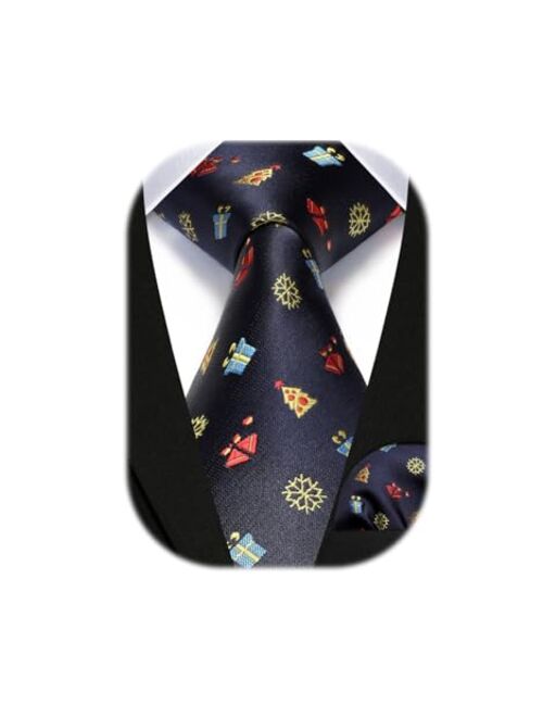 Hisdern Christmas Ties for Men Festival Necktie Boys Funny Vacation Xmas Tie Handkerchief & Pocket Square Set for Party