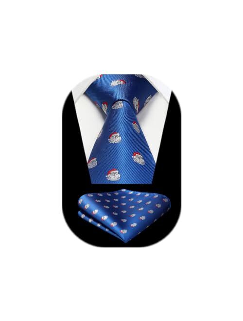 HISDERN Christmas Ties for Men Holiday Festival Funny Tie and Pocket Square Set Vacation Xmas Party Necktie Handkerchief