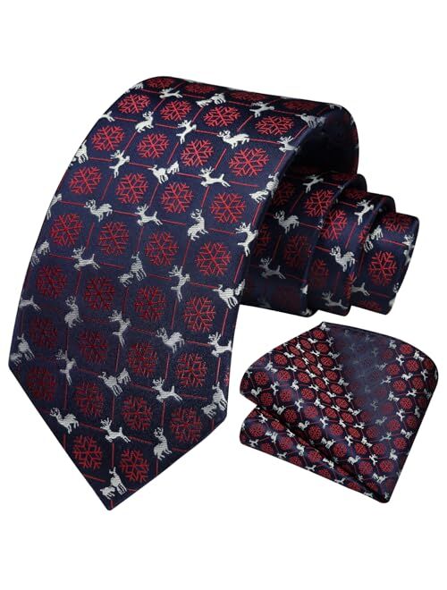 HISDERN Christmas Ties for Men Holiday Festival Funny Tie and Pocket Square Set Vacation Xmas Party Necktie Handkerchief