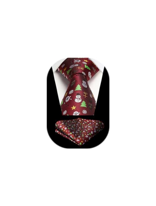 HISDERN Christmas Ties for Men Holiday Festival Funny Tie and Pocket Square Set Vacation Xmas Party Necktie Handkerchief