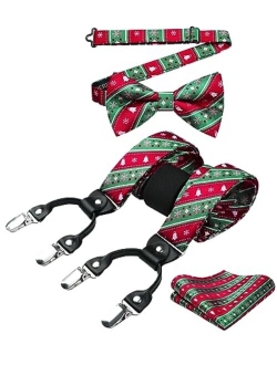 Mens Christmas Bow Tie and Suspenders Holiday Festival Braces Y Shape Fun Santa Braces Handkerchief Pocket Square Set